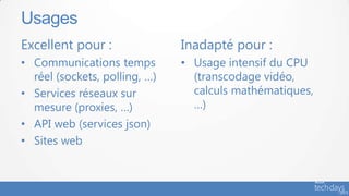 Excellent pour :
• Communications temps
réel (sockets, polling, …)
• Services réseaux sur
mesure (proxies, …)
• API web (services json)
• Sites web
Inadapté pour :
• Usage intensif du CPU
(transcodage vidéo,
calculs mathématiques,
…)
Usages
 