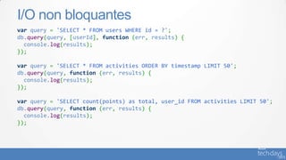var query = 'SELECT * FROM users WHERE id = ?';
db.query(query, [userId], function (err, results) {
console.log(results);
});
var query = 'SELECT * FROM activities ORDER BY timestamp LIMIT 50';
db.query(query, function (err, results) {
console.log(results);
});
var query = 'SELECT count(points) as total, user_id FROM activities LIMIT 50';
db.query(query, function (err, results) {
console.log(results);
});
I/O non bloquantes
 