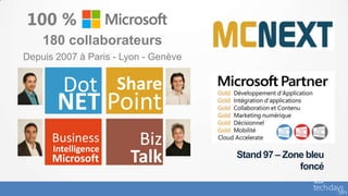 180 collaborateurs
Depuis 2007 à Paris - Lyon - Genève
Stand 97 – Zone bleu
foncé
Business
Intelligence
Talk
Biz
NET
Dot Share
Point
Microsoft
100 %
 