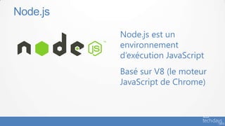 Node.js est un
environnement
d’exécution JavaScript
Basé sur V8 (le moteur
JavaScript de Chrome)
Node.js
 