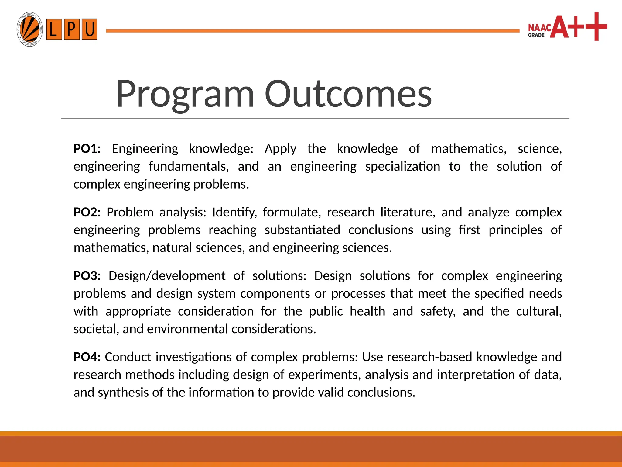 Program Outcomes
PO1: Engineering knowledge: Apply the knowledge of mathematics, science,
engineering fundamentals, and an engineering specialization to the solution of
complex engineering problems.
PO2: Problem analysis: Identify, formulate, research literature, and analyze complex
engineering problems reaching substantiated conclusions using first principles of
mathematics, natural sciences, and engineering sciences.
PO3: Design/development of solutions: Design solutions for complex engineering
problems and design system components or processes that meet the specified needs
with appropriate consideration for the public health and safety, and the cultural,
societal, and environmental considerations.
PO4: Conduct investigations of complex problems: Use research-based knowledge and
research methods including design of experiments, analysis and interpretation of data,
and synthesis of the information to provide valid conclusions.
 