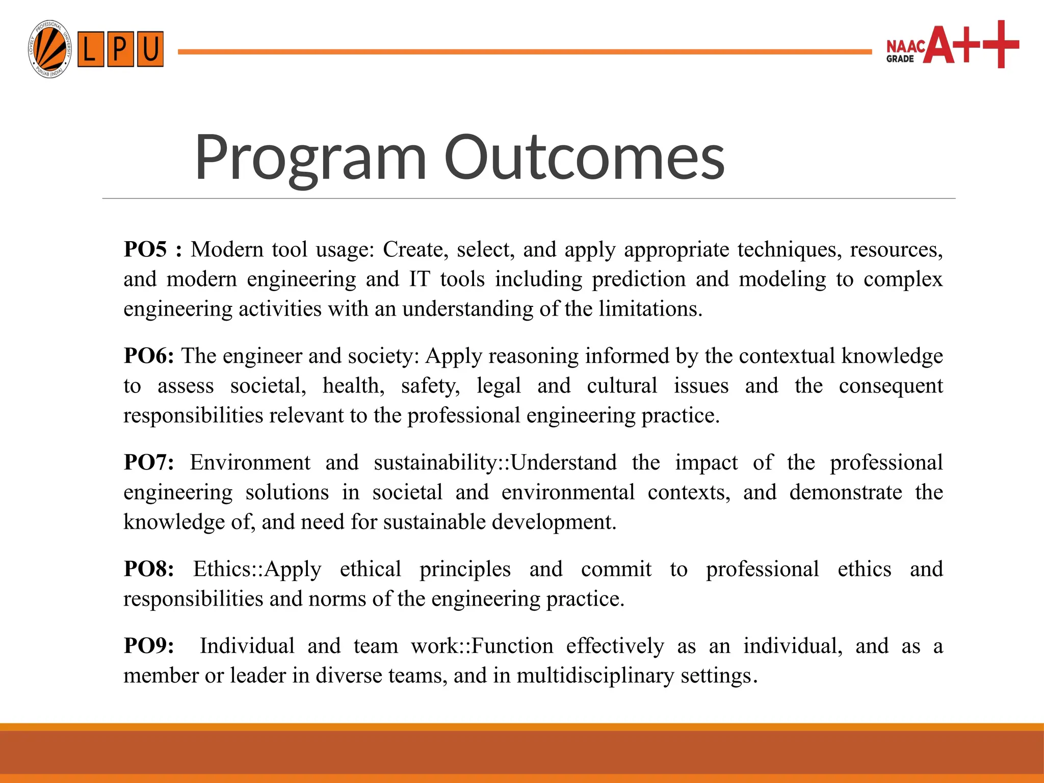 Program Outcomes
PO5 : Modern tool usage: Create, select, and apply appropriate techniques, resources,
and modern engineering and IT tools including prediction and modeling to complex
engineering activities with an understanding of the limitations.
PO6: The engineer and society: Apply reasoning informed by the contextual knowledge
to assess societal, health, safety, legal and cultural issues and the consequent
responsibilities relevant to the professional engineering practice.
PO7: Environment and sustainability::Understand the impact of the professional
engineering solutions in societal and environmental contexts, and demonstrate the
knowledge of, and need for sustainable development.
PO8: Ethics::Apply ethical principles and commit to professional ethics and
responsibilities and norms of the engineering practice.
PO9: Individual and team work::Function effectively as an individual, and as a
member or leader in diverse teams, and in multidisciplinary settings.
 