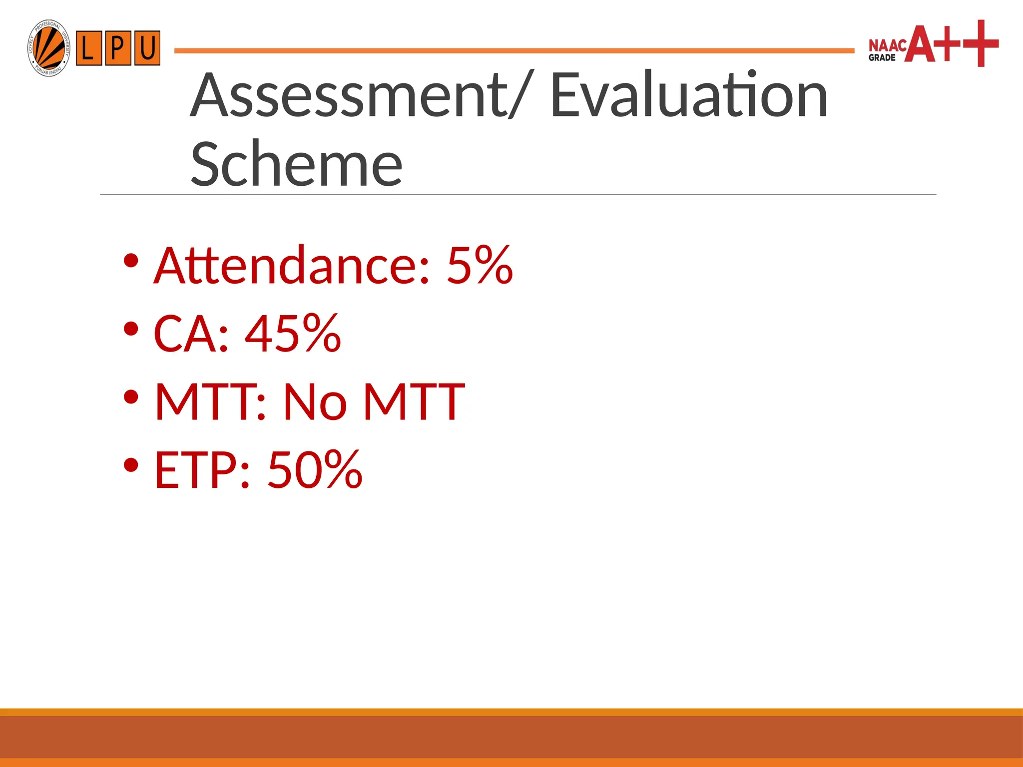 Assessment/ Evaluation
Scheme
• Attendance: 5%
• CA: 45%
• MTT: No MTT
• ETP: 50%
 