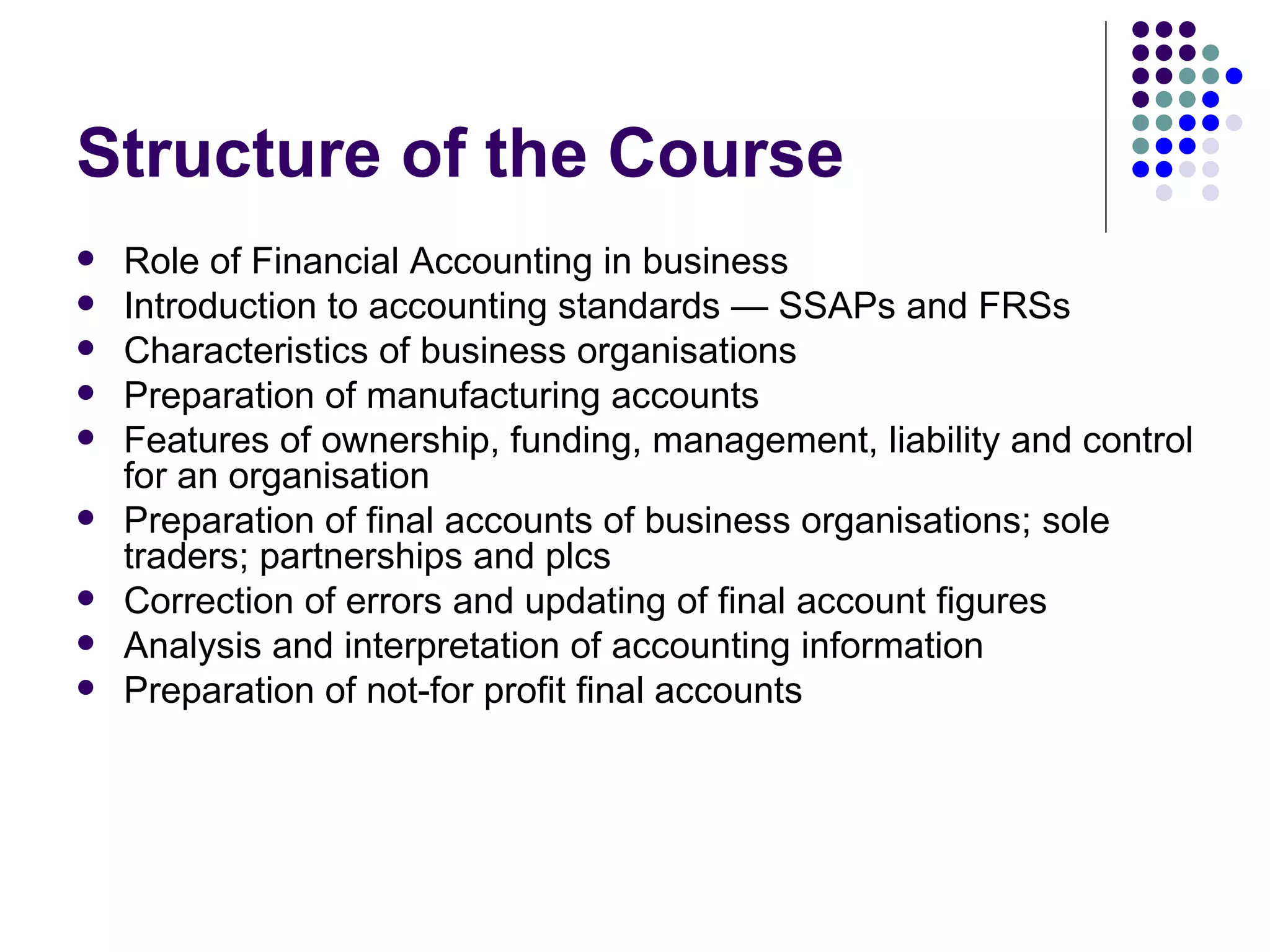 Structure of the Course Role of Financial Accounting in business Introduction to accounting standards — SSAPs and FRSs Characteristics of business organisations Preparation of manufacturing accounts Features of ownership, funding, management, liability and control for an organisation Preparation of final accounts of business organisations; sole traders; partnerships and plcs Correction of errors and updating of final account figures Analysis and interpretation of accounting information Preparation of not-for profit final accounts 