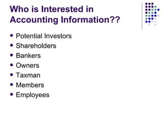 Who is Interested in Accounting Information?? Potential Investors Shareholders Bankers Owners Taxman Members Employees 