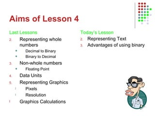 Aims of Lesson 4 Last Lessons Representing whole numbers Decimal to Binary Binary to Decimal Non-whole numbers Floating Point Data Units Representing Graphics Pixels Resolution Graphics Calculations Today’s Lesson   Representing Text Advantages of using binary 