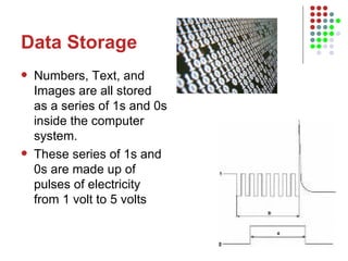 Data Storage Numbers, Text, and Images are all stored as a series of 1s and 0s inside the computer system. These series of 1s and 0s are made up of pulses of electricity from 1 volt to 5 volts 