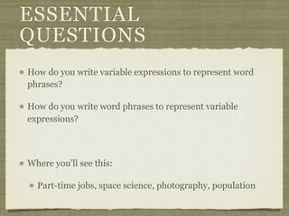 ESSENTIAL
QUESTIONS
How do you write variable expressions to represent word
phrases?

How do you write word phrases to represent variable
expressions?



Where you’ll see this:

  Part-time jobs, space science, photography, population
 