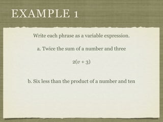EXAMPLE 1
    Write each phrase as a variable expression.

      a. Twice the sum of a number and three

                     2(v + 3)


  b. Six less than the product of a number and ten
 