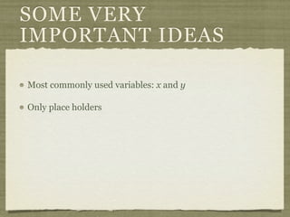 SOME VERY
IMPORTANT IDEAS

Most commonly used variables: x and y

Only place holders
 