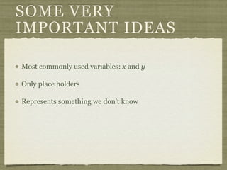 SOME VERY
IMPORTANT IDEAS

Most commonly used variables: x and y

Only place holders

Represents something we don’t know
 