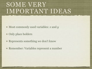 SOME VERY
IMPORTANT IDEAS

Most commonly used variables: x and y

Only place holders

Represents something we don’t know

Remember: Variables represent a number
 