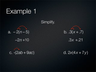 Example 1
                  Simplify.

a. − 2(n − 5)                 b. .3( x + .7)
    −2n +10                      .3x +.21


c. -(2ab + 9ac)               d. 2x(4 x + 7y )
 