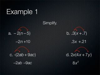 Example 1
                  Simplify.

a. − 2(n − 5)                 b. .3( x + .7)
    −2n +10                      .3x +.21


c. -(2ab + 9ac)               d. 2x(4 x + 7y )
   −2ab −9ac                      8x   2
 