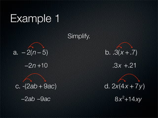 Example 1
                  Simplify.

a. − 2(n − 5)                 b. .3( x + .7)
    −2n +10                      .3x +.21


c. -(2ab + 9ac)               d. 2x(4 x + 7y )
   −2ab −9ac                      8 x +14 xy
                                     2
 