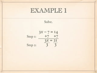 EXAMPLE 1
             Solve.

          3x − 7 = 14
Step 1:      +7 +7
             3x = 21
Step 2:       3       3
 