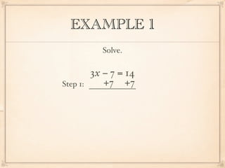 EXAMPLE 1
             Solve.

          3x − 7 = 14
Step 1:      +7 +7
 