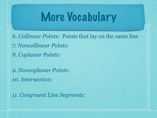 More Vocabulary
6. Collinear Points: Points that lay on the same line
7. Noncollinear Points:
8. Coplanar Points:

9. Noncoplanar Points:
10. Intersection:

11. Congruent Line Segments:
 
