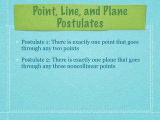 Point, Line, and Plane
          Postulates
Postulate 1: There is exactly one line that goes
through any two points

Postulate 2: There is exactly one plane that goes
through any three noncollinear points
 