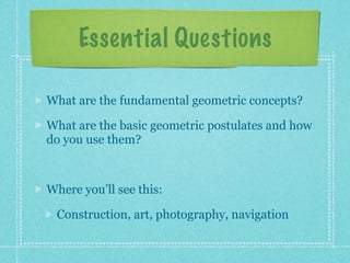 Essential Questions

What are the fundamental geometric concepts?

What are the basic geometric postulates and how
do you use them?



Where you’ll see this:

 Construction, art, photography, navigation
 