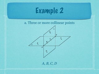 Example 2
a. Three or more collinear points
                        R

                    G

                            D

                                F
                    C

                B
        E
    S

            A

                H




            A, B, C, D
 