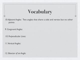 Vocabulary
8. Adjacent Angles: Two angles that share a side and vertex but no other
    points

9. Congruent Angles:


10. Perpendicular Lines:


11. Vertical Angles:



12. Bisector of an Angle:
 