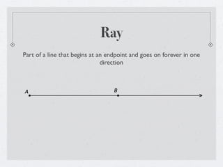Ray
Part of a line that begins at an endpoint and goes on forever in one
                               direction



A                                 B
 