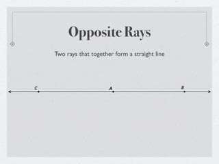 Opposite Rays
    Two rays that together form a straight line




C                        A                        B
 