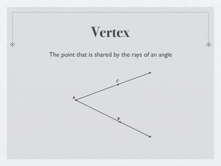 Vertex
The point that is shared by the rays of an angle


                          C




         A




                          B
 