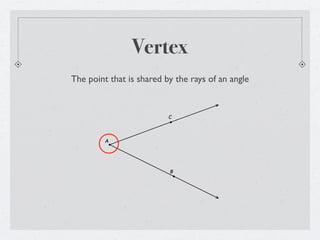 Vertex
The point that is shared by the rays of an angle


                          C




         A




                          B
 