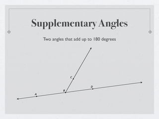 Supplementary Angles
    Two angles that add up to 180 degrees




                  C


                            D
              B
A
 