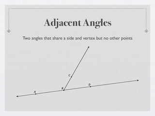 Adjacent Angles
Two angles that share a side and vertex but no other points




                        C


                                   D
                    B
      A
 