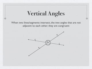 Vertical Angles
When two lines/segments intersect, the two angles that are not
        adjacent to each other; they are congruent


                                        B



                    A

                                E
                                            C


                        D
 
