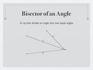 Bisector of an Angle
A ray that divides an angle into two equal angles



                              N


                    E




                                         A


                    D
 