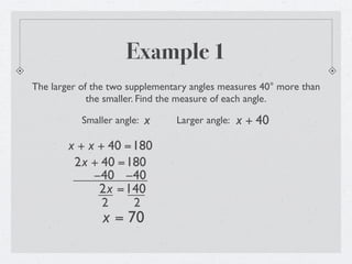 Example 1
The larger of the two supplementary angles measures 40° more than
             the smaller. Find the measure of each angle.

           Smaller angle:   x   Larger angle:   x + 40
        x + x + 40 =180
         2x + 40 =180
             −40 −40
              2x =140
               2    2
                x = 70
 