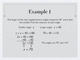 Example 1
The larger of the two supplementary angles measures 40° more than
             the smaller. Find the measure of each angle.

           Smaller angle:   x   Larger angle:   x + 40
        x + x + 40 =180            70 + 40 =110
         2x + 40 =180
             −40 −40
              2x =140             The angles are 70° and 110°
               2    2
                x = 70
 