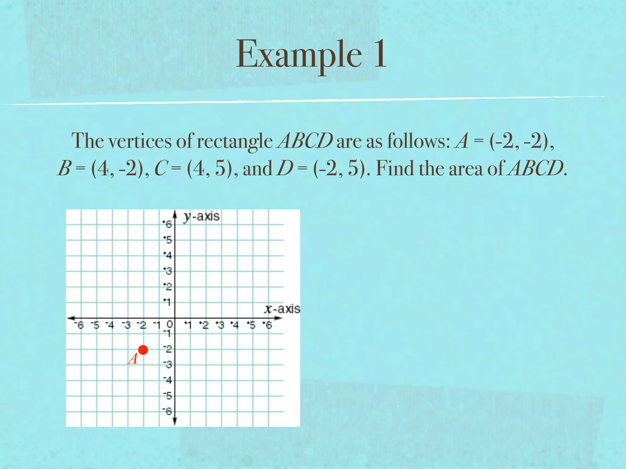 Example 1

 The vertices of rectangle ABCD are as follows: A = (-2, -2),
B = (4, -2), C = (4, 5), and D = (-2, 5). Find the area of ABCD.




        A
 