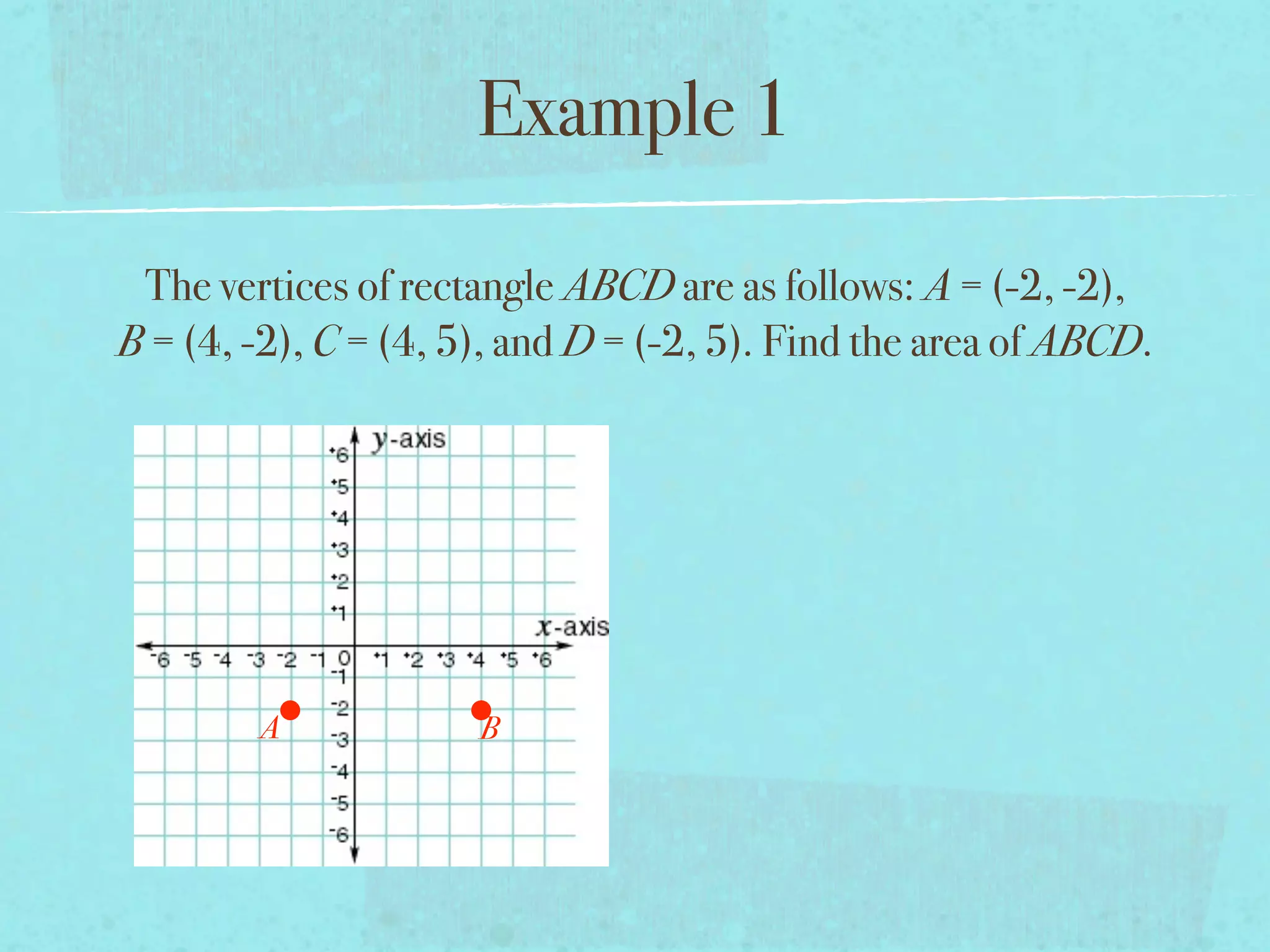 Example 1

 The vertices of rectangle ABCD are as follows: A = (-2, -2),
B = (4, -2), C = (4, 5), and D = (-2, 5). Find the area of ABCD.




        A             B
 