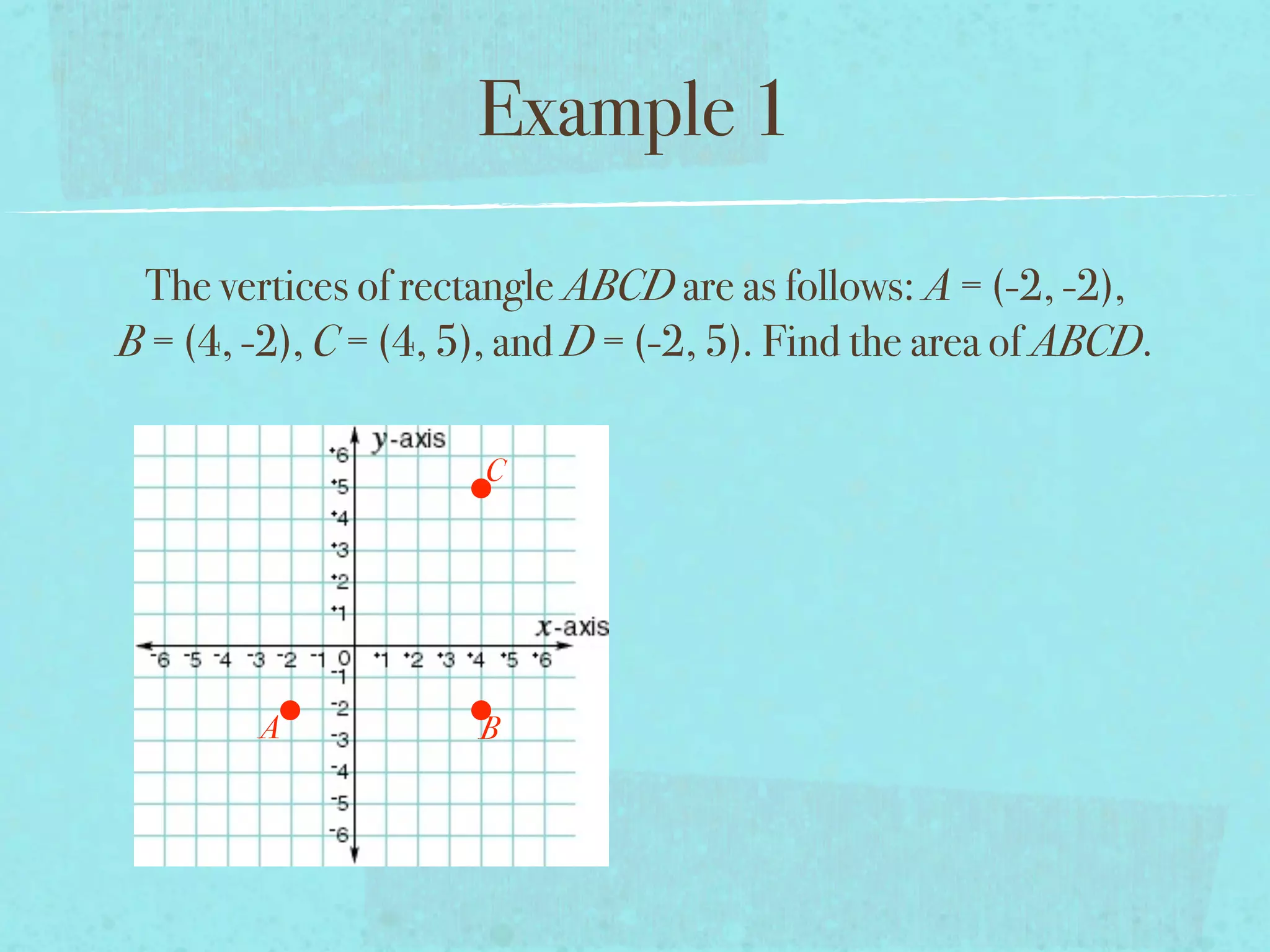 Example 1

 The vertices of rectangle ABCD are as follows: A = (-2, -2),
B = (4, -2), C = (4, 5), and D = (-2, 5). Find the area of ABCD.

                      C




        A             B
 