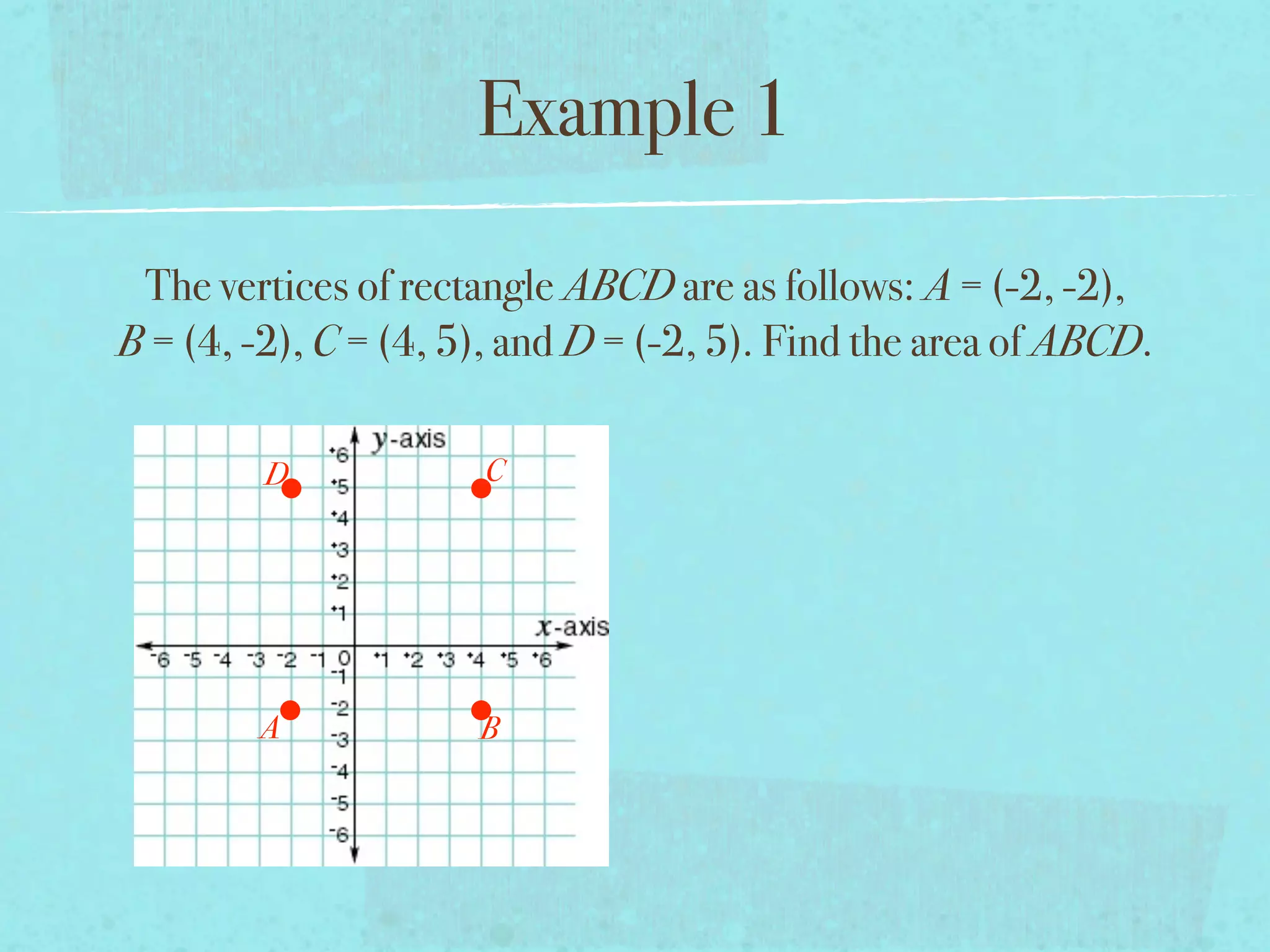 Example 1

 The vertices of rectangle ABCD are as follows: A = (-2, -2),
B = (4, -2), C = (4, 5), and D = (-2, 5). Find the area of ABCD.

         D            C




        A             B
 