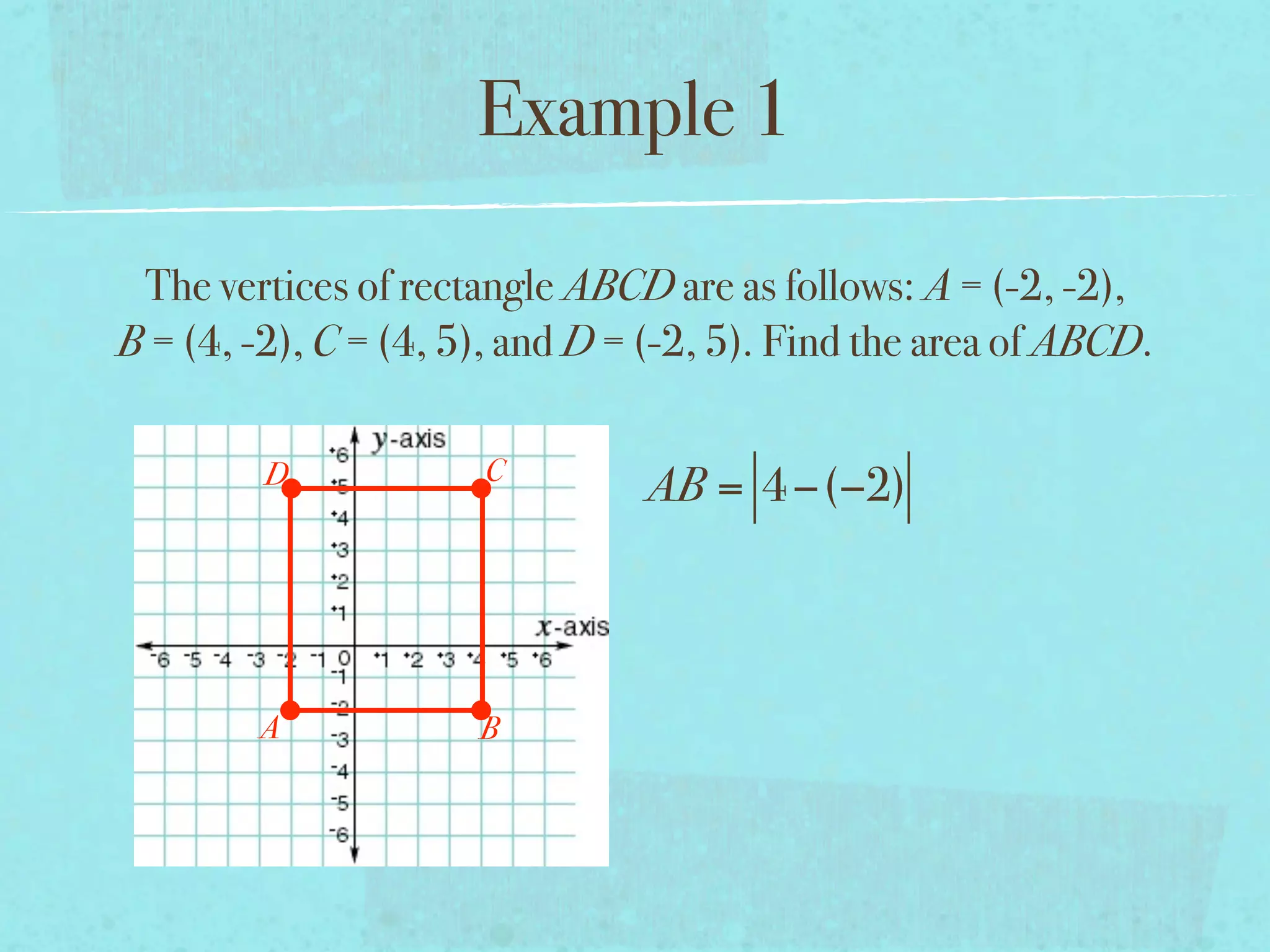 Example 1

 The vertices of rectangle ABCD are as follows: A = (-2, -2),
B = (4, -2), C = (4, 5), and D = (-2, 5). Find the area of ABCD.

         D            C
                                AB = 4 −(−2)



        A             B
 