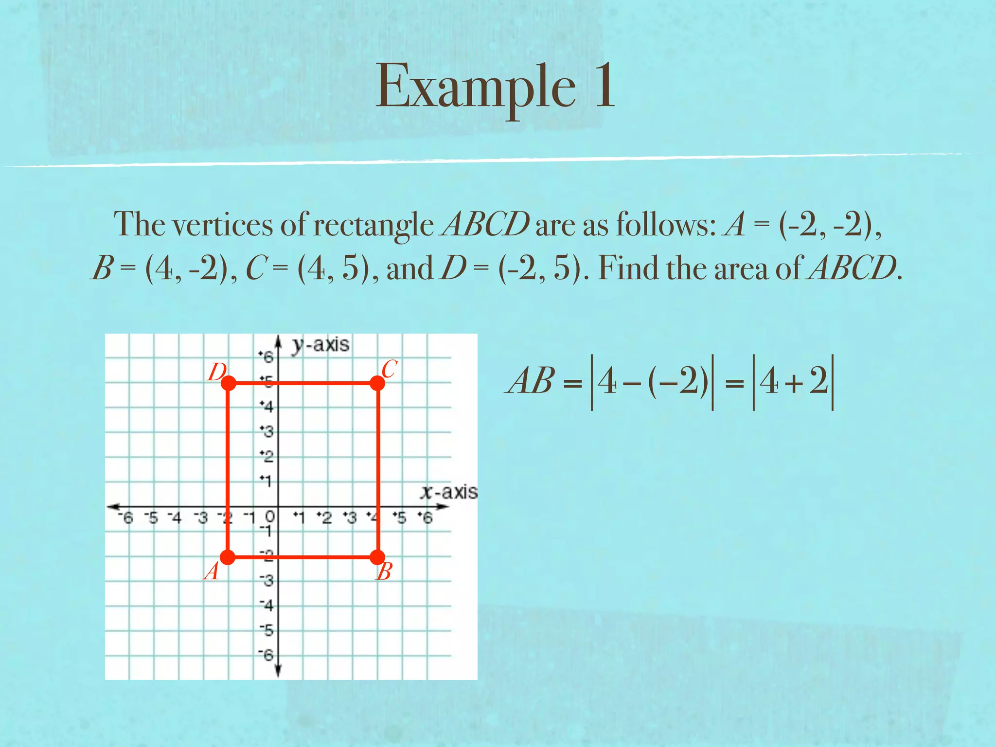 Example 1

 The vertices of rectangle ABCD are as follows: A = (-2, -2),
B = (4, -2), C = (4, 5), and D = (-2, 5). Find the area of ABCD.

         D            C
                                AB = 4 −(−2) = 4 + 2



        A             B
 