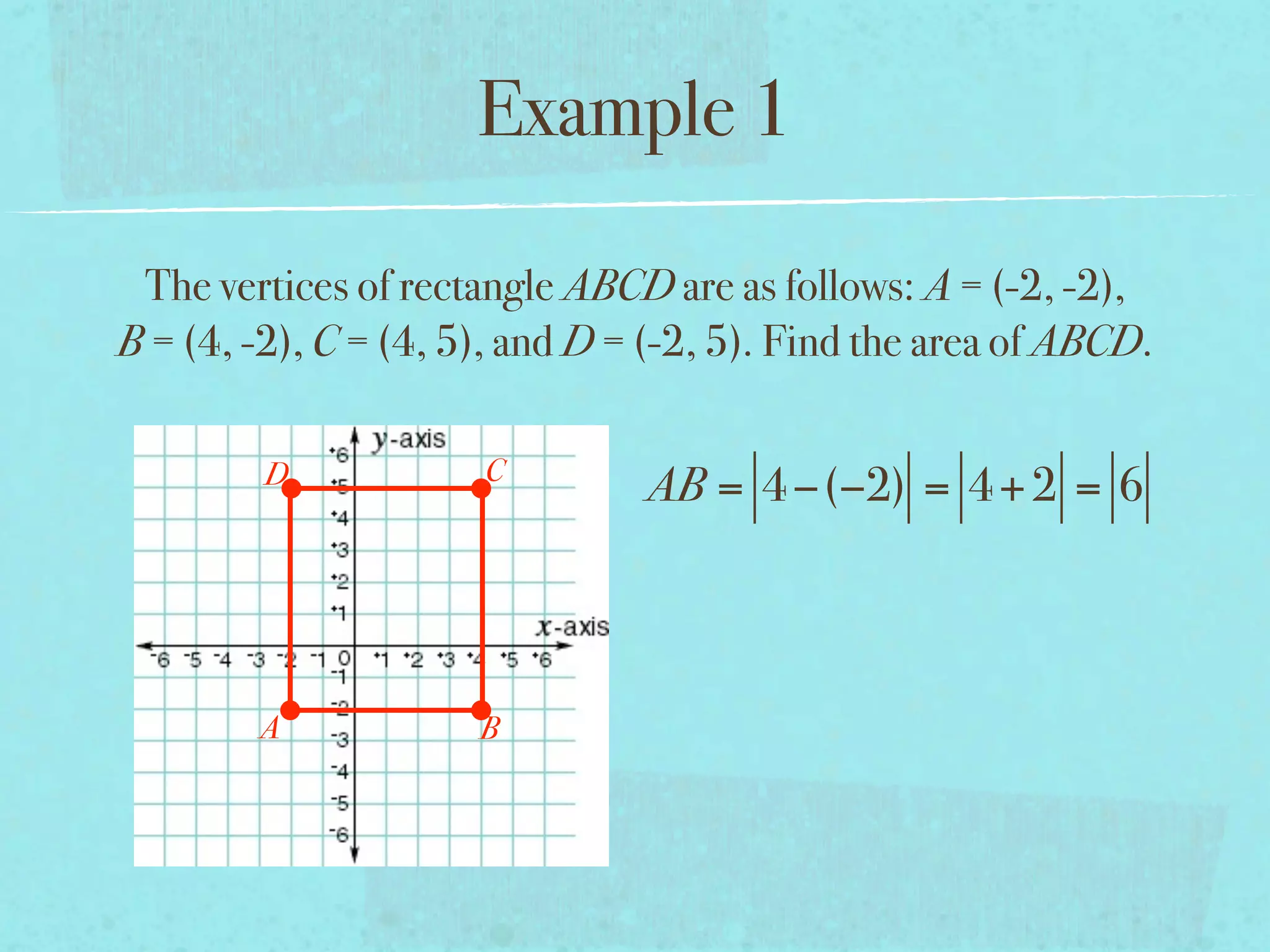Example 1

 The vertices of rectangle ABCD are as follows: A = (-2, -2),
B = (4, -2), C = (4, 5), and D = (-2, 5). Find the area of ABCD.

         D            C
                                AB = 4 −(−2) = 4 + 2 = 6



        A             B
 