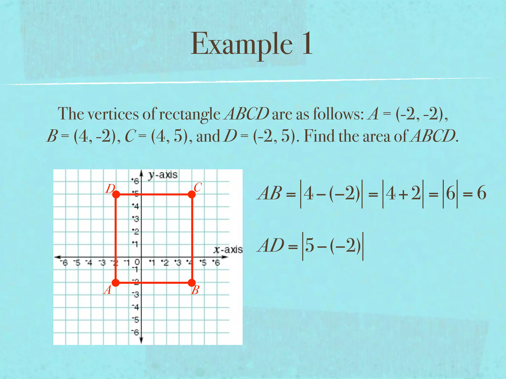 Example 1

 The vertices of rectangle ABCD are as follows: A = (-2, -2),
B = (4, -2), C = (4, 5), and D = (-2, 5). Find the area of ABCD.

                      C
         D                      AB = 4 −(−2) = 4 + 2 = 6 = 6

                                AD = 5−(−2)

        A             B
 