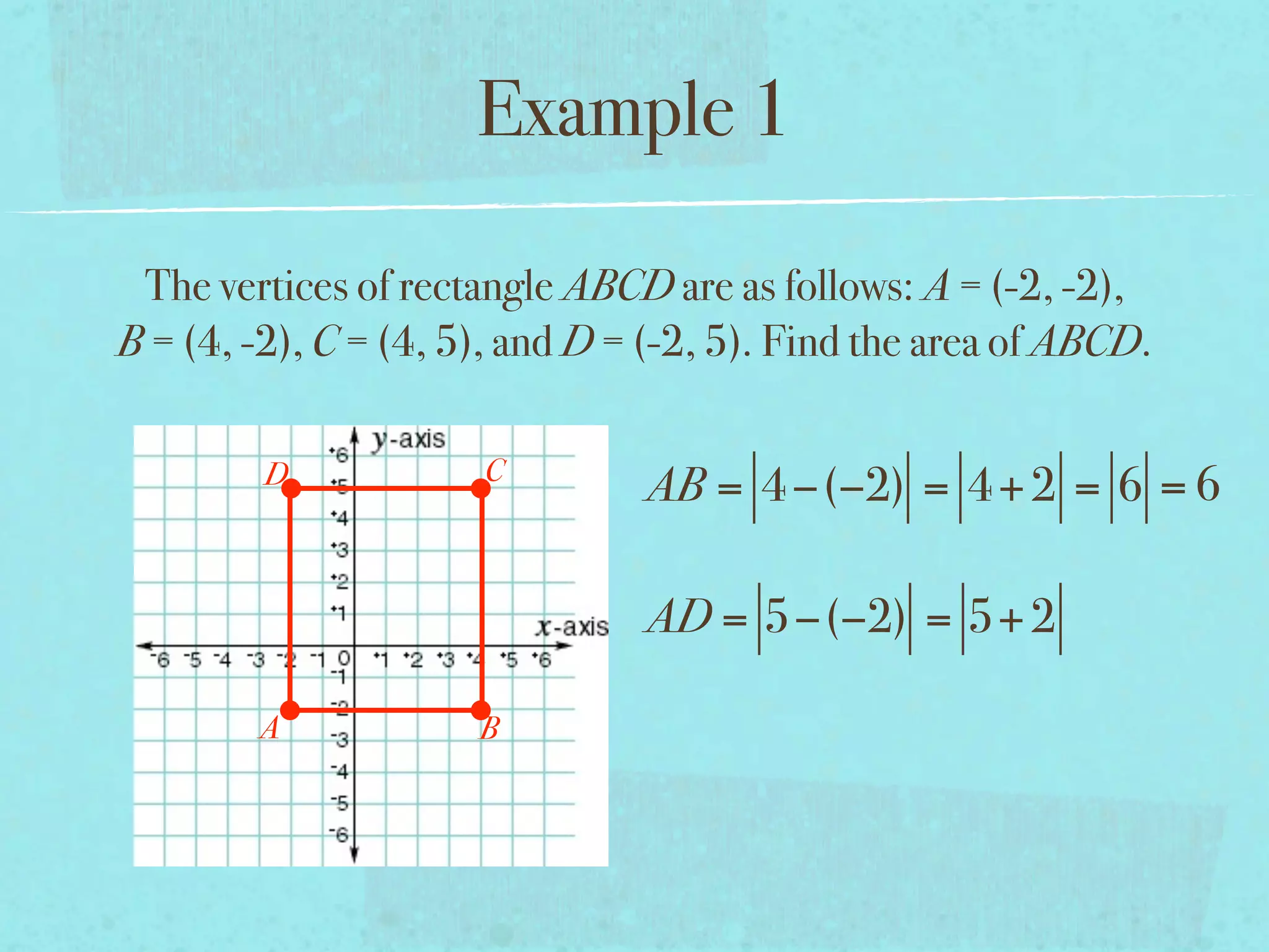 Example 1

 The vertices of rectangle ABCD are as follows: A = (-2, -2),
B = (4, -2), C = (4, 5), and D = (-2, 5). Find the area of ABCD.

                      C
         D                      AB = 4 −(−2) = 4 + 2 = 6 = 6

                                AD = 5−(−2) = 5+ 2

        A             B
 