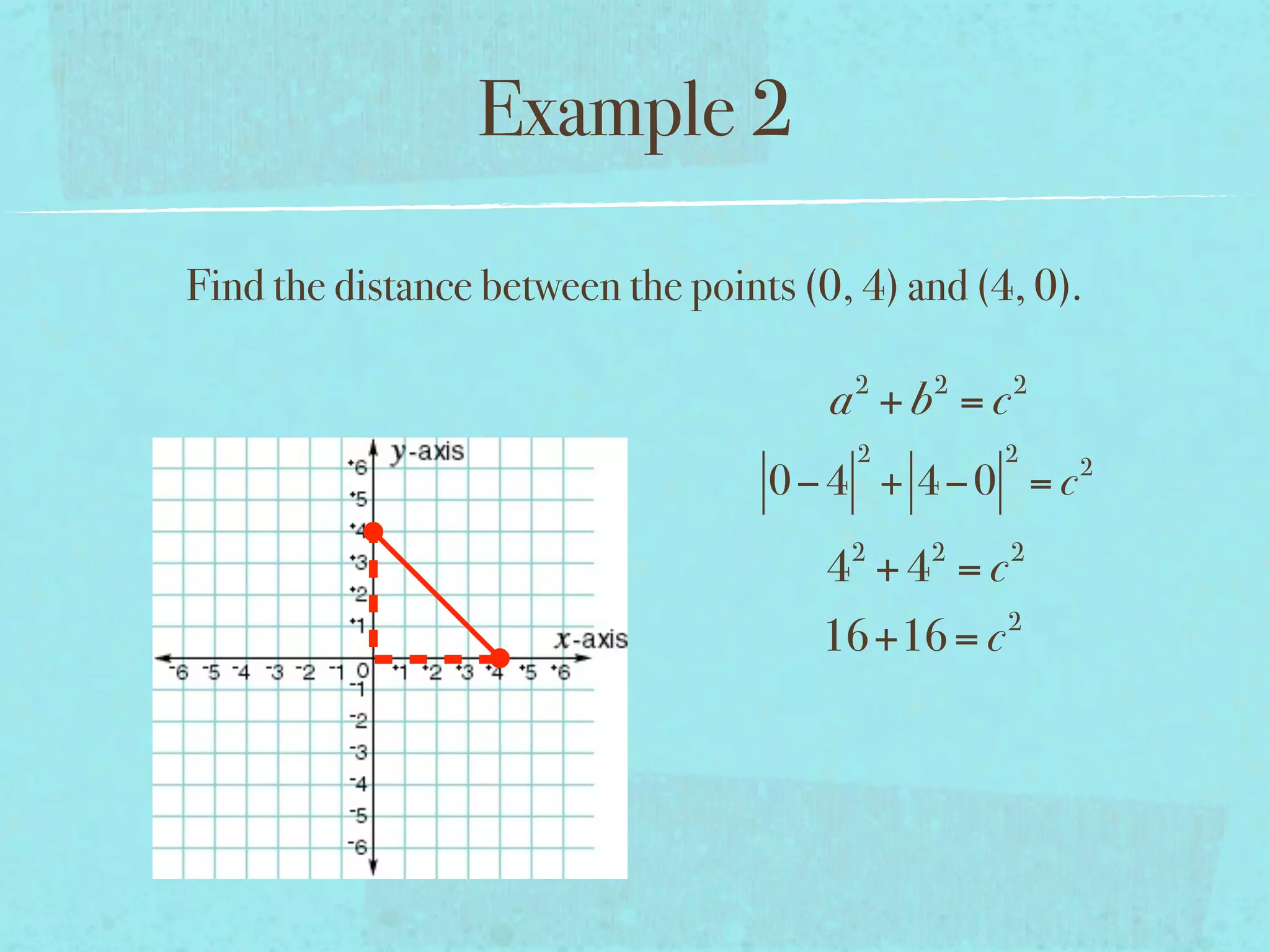 Example 2

Find the distance between the points (0, 4) and (4, 0).

                                         2   2    2
                                       a +b =c
                                         2        2
                                                      2
                                   0−4 + 4−0 = c
                                        2    2    2
                                       4 +4 = c
                                                  2
                                      16+16 = c
 
