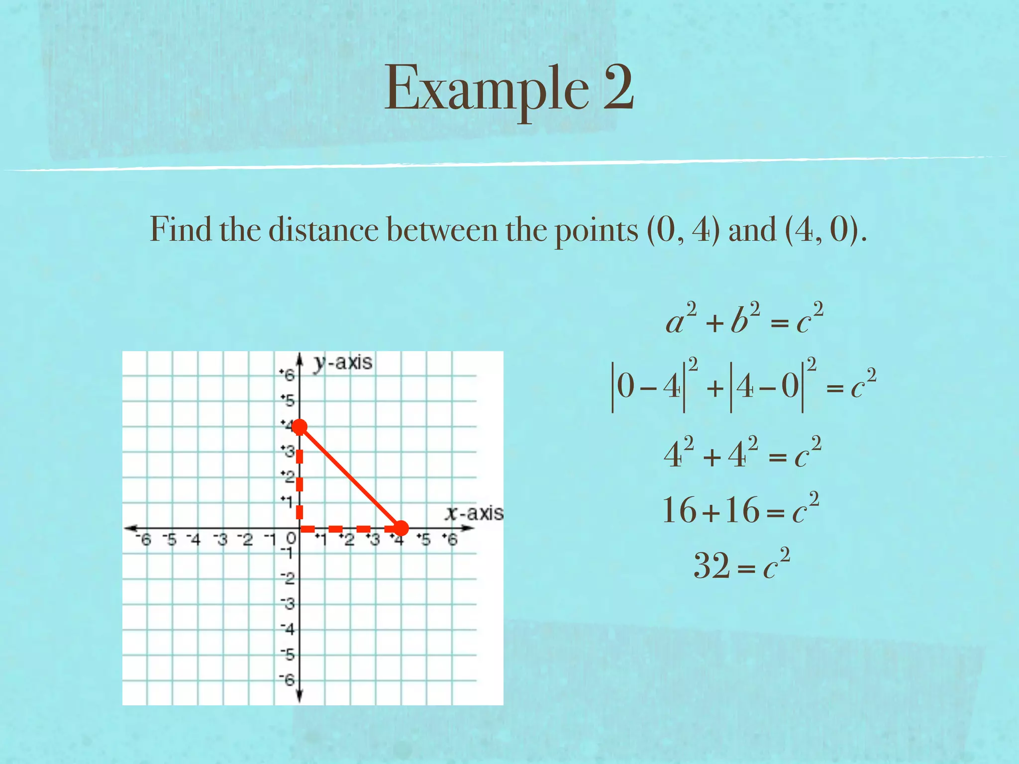 Example 2

Find the distance between the points (0, 4) and (4, 0).

                                         2   2        2
                                       a +b =c
                                         2            2
                                                          2
                                   0−4 + 4−0 = c
                                        2    2        2
                                       4 +4 = c
                                                      2
                                      16+16 = c
                                                  2
                                         32 = c
 