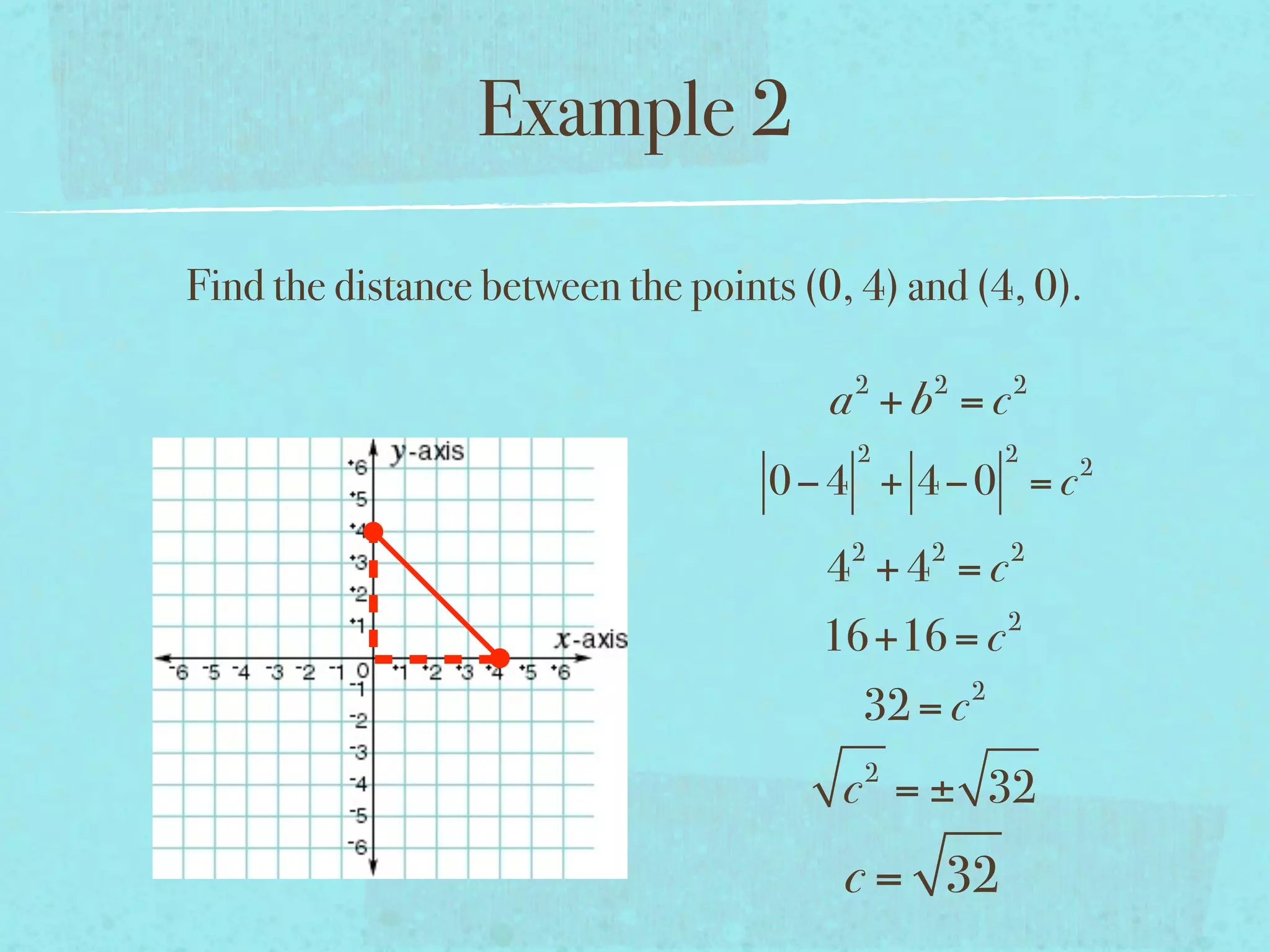 Example 2

Find the distance between the points (0, 4) and (4, 0).

                                         2   2        2
                                       a +b =c
                                         2            2
                                                          2
                                   0−4 + 4−0 = c
                                        2    2        2
                                       4 +4 = c
                                                      2
                                      16+16 = c
                                                  2
                                         32 = c
                                         2
                                        c = ± 32
                                        c = 32
 