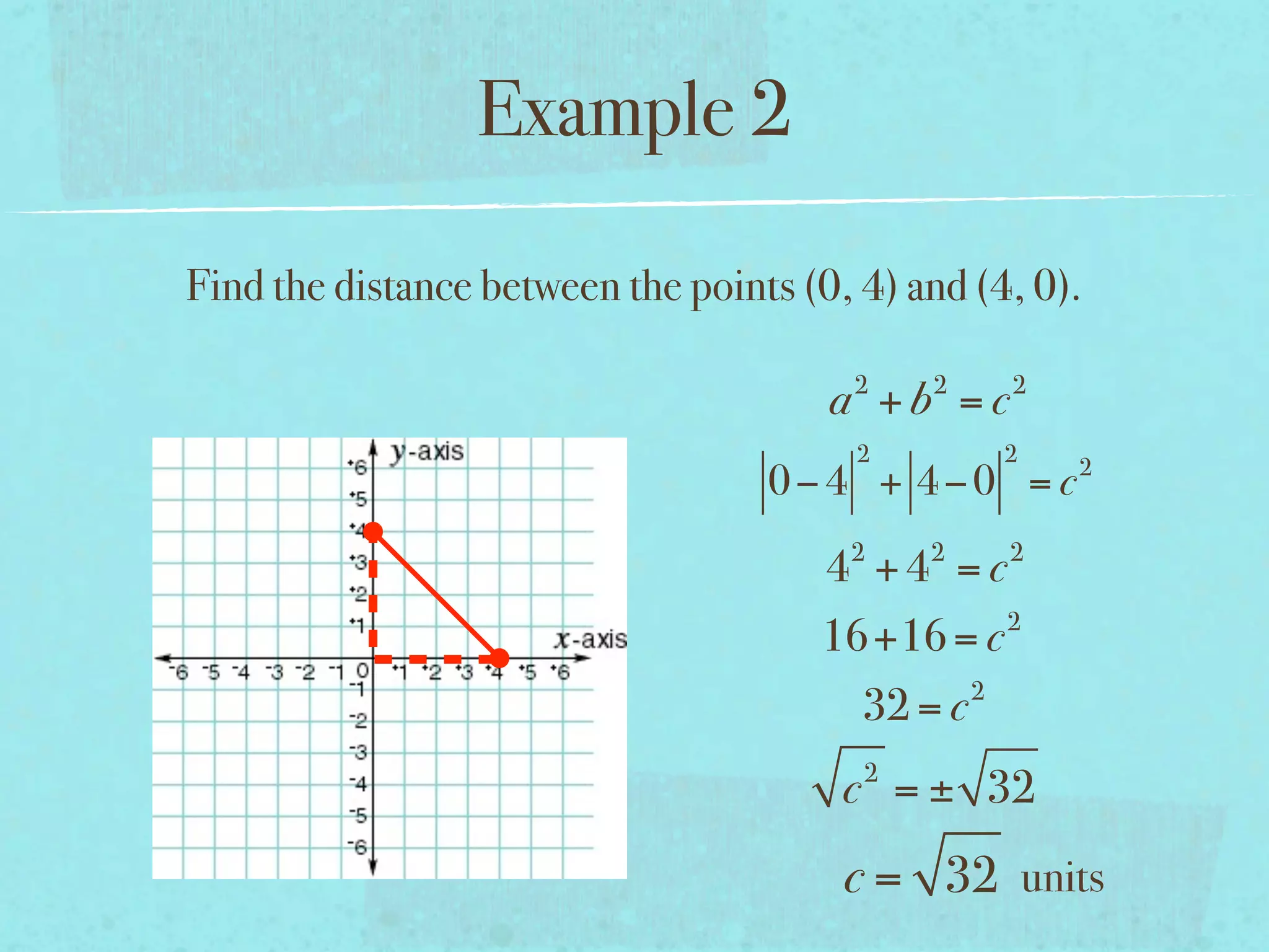 Example 2

Find the distance between the points (0, 4) and (4, 0).

                                         2   2        2
                                       a +b =c
                                         2            2
                                                          2
                                   0−4 + 4−0 = c
                                        2    2        2
                                       4 +4 = c
                                                      2
                                      16+16 = c
                                                  2
                                         32 = c
                                         2
                                        c = ± 32
                                        c = 32 units
 