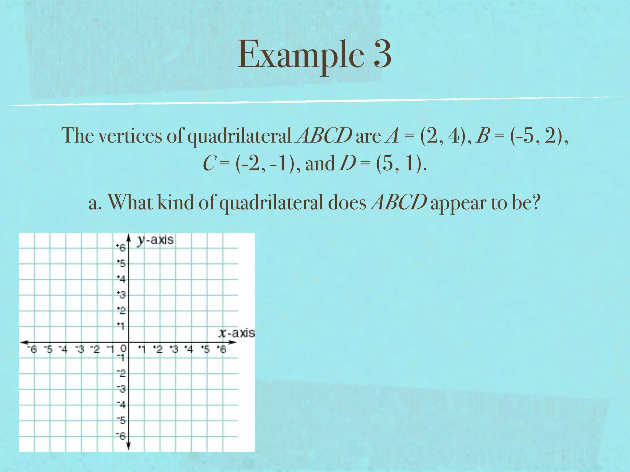 Example 3
The vertices of quadrilateral ABCD are A = (2, 4), B = (-5, 2),
                 C = (-2, -1), and D = (5, 1).
   a. What kind of quadrilateral does ABCD appear to be?
 